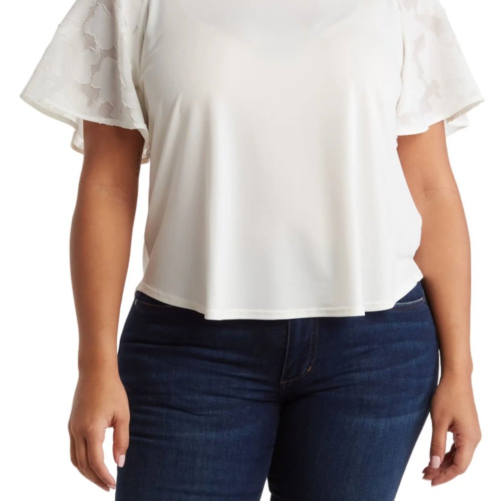Nordstrom Rack Jacquard Flutter Sleeve Top- Ivory Cloud - 2X - New Without Tags